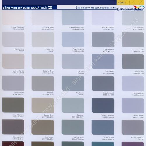 Tìm kiếm bảng màu sơn Dulux màu xám kèm báo giá chất lượng? Chúng tôi cung cấp dịch vụ tư vấn và cung cấp sơn Dulux chính hãng, mang đến màu sắc tươi mới và bền đẹp cho ngôi nhà của bạn.