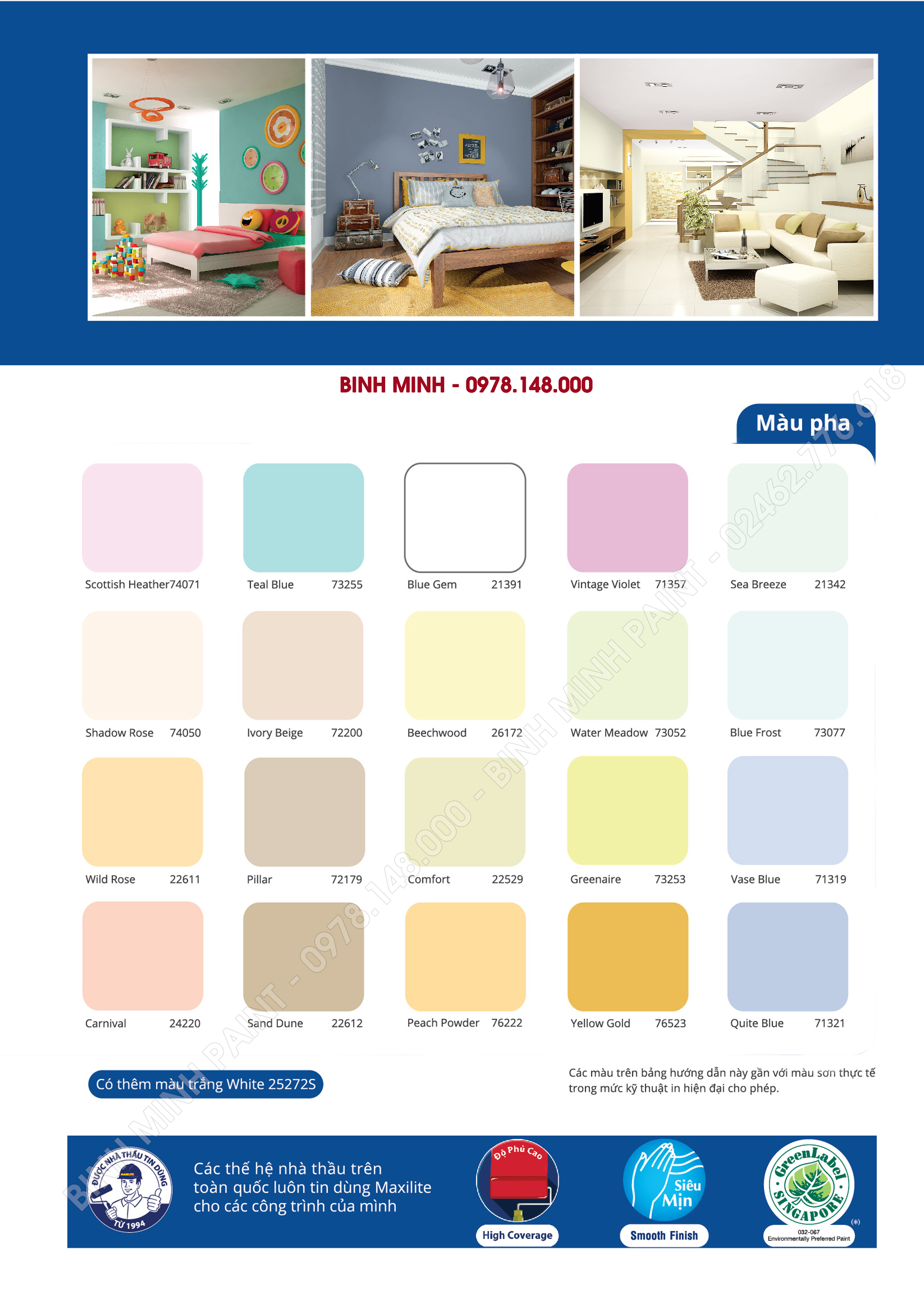 Với bảng màu sơn Maxilite trong nhà Bình Minh, bạn sẽ sớm trở thành nhà thiết kế nội thất giỏi trong mắt gia đình và bạn bè. Sản phẩm này mang đến cho bạn sự lựa chọn màu sắc đa dạng, bền màu, dễ sử dụng và tùy chỉnh hoàn toàn theo sở thích của bạn.